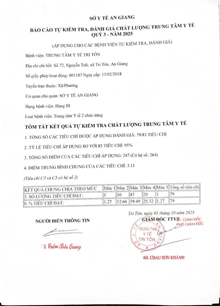BÁO CÁO TỰ KIỂM TRA, ĐÁNH GIÁ CHẤT LƯỢNG TTYT QUÝ 3 - NĂM 2025